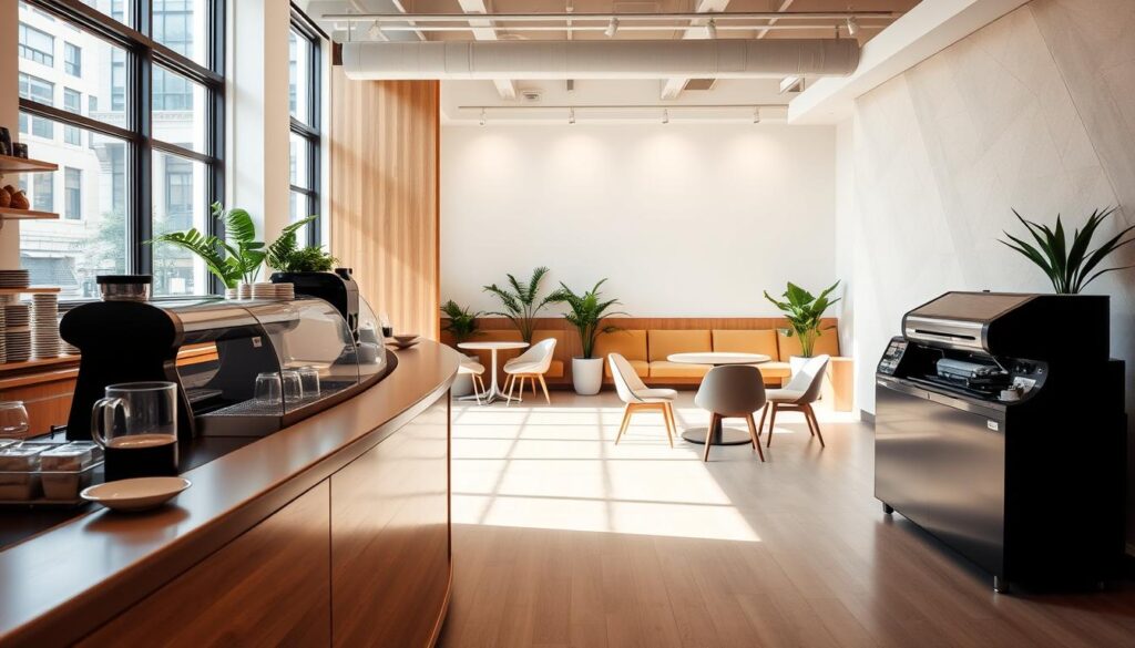 A contemporary, minimalist interior of Pigeonhole Coffee, featuring clean lines, natural wood tones, and abundant natural light from large windows. In the foreground, a sleek, curved counter displays an array of freshly brewed coffee and baked goods. The middle ground showcases an open, airy seating area with modern, comfortable chairs and tables, creating an inviting atmosphere. The background reveals a subtle, geometric wall pattern that adds visual interest, complemented by strategically placed potted plants and subtle, warm lighting. The overall ambiance conveys a refined, urban sensibility that seamlessly blends function and aesthetic.