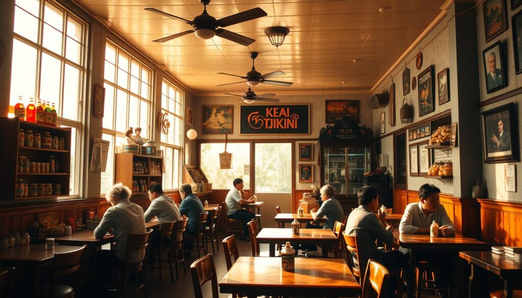 A cozy interior of an old-fashioned Indonesian cafe, Kedai Tjikini, bathed in warm, golden light filtering through large windows. Wooden tables and chairs, vintage ceiling fans, and shelves displaying an array of traditional snacks and beverages. Patrons dressed in 1970s-inspired attire sit and converse, creating a nostalgic atmosphere of a bygone era. The walls are adorned with classic Indonesian artwork and ornate, hand-carved decorations, transporting the viewer to a time when the cafe was a gathering place for the local community. The scene evokes a sense of timeless charm and a longing for the simple pleasures of the past.