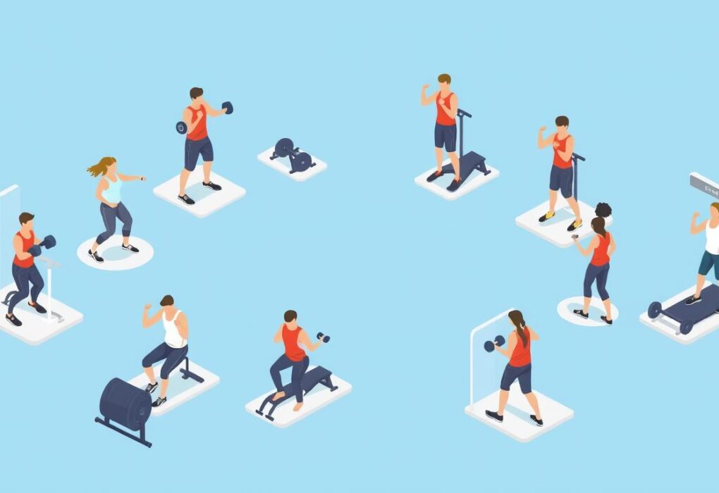 Ilustrasi konsep dasar circuit training dengan beberapa stasiun latihan yang disusun melingkar