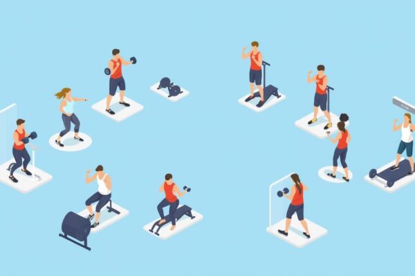 Ilustrasi konsep dasar circuit training dengan beberapa stasiun latihan yang disusun melingkar