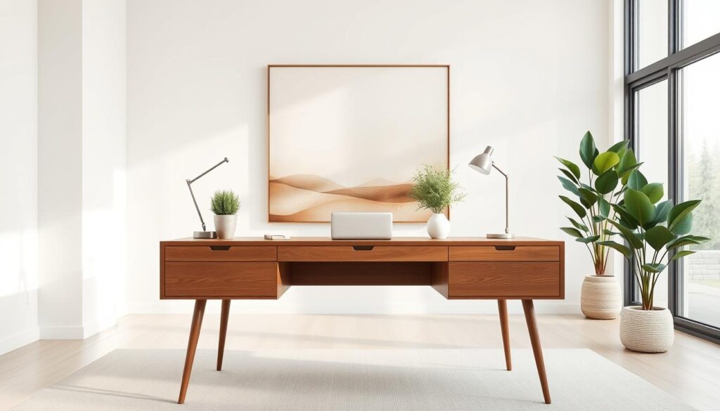 A serene, minimalist design workspace with clean lines and a focus on simplicity. A sleek, modern wooden desk sits in the foreground, accented by a potted plant and a stylish desk lamp. The middle ground features a large, abstract wall art piece in muted earth tones, complementing the neutral color palette. The background showcases a bright, airy room with large windows letting in natural light, creating a calming and inspirational atmosphere perfect for a productive online consultation session.