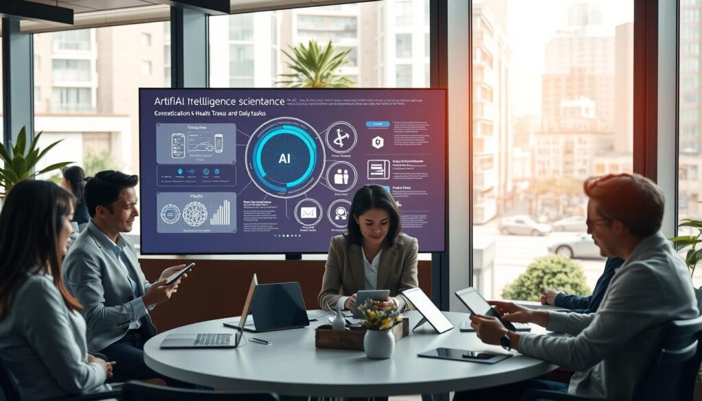 A bustling modern office scene illustrating the benefits of Artificial Intelligence in daily life. In the foreground, a diverse group of professionals, dressed in smart casual attire, collaborate at a round table, discussing AI-enhanced technologies on digital tablets. In the middle ground, a large screen displays an AI interface with data visualizations, showcasing AI applications in health, transportation, and communication. The background features large windows with a view of a vibrant cityscape, with greenery visible on the balconies. Soft, natural lighting filters in, casting a warm glow on the scene, creating an inviting and innovative atmosphere. The focus is on teamwork and collaboration, emphasizing the integration of AI in enhancing productivity and daily tasks. A bustling modern office scene illustrating the benefits of Artificial Intelligence in daily life. In the foreground, a diverse group of professionals, dressed in smart casual attire, collaborate at a round table, discussing AI-enhanced technologies on digital tablets. In the middle ground, a large screen displays an AI interface with data visualizations, showcasing AI applications in health, transportation, and communication. The background features large windows with a view of a vibrant cityscape, with greenery visible on the balconies. Soft, natural lighting filters in, casting a warm glow on the scene, creating an inviting and innovative atmosphere. The focus is on teamwork and collaboration, emphasizing the integration of AI in enhancing productivity and daily tasks.
