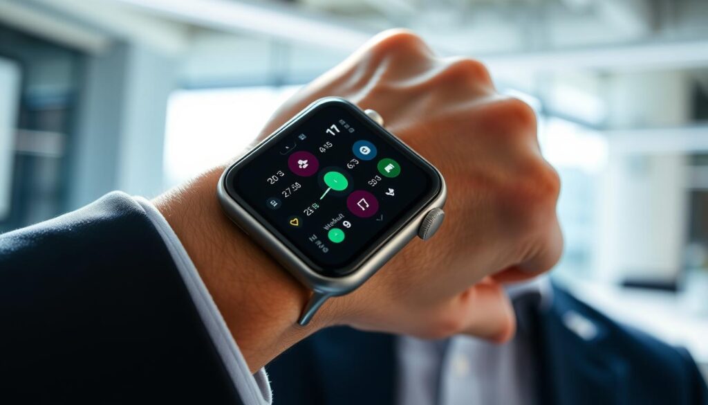 A close-up view of a sleek Apple Watch displaying the health platform interface, showcasing various health metrics like heart rate, activity rings, and workout stats. The watch is worn by a professional individual in smart casual attire, with a clean and modern office environment in the background. Soft, natural lighting illuminates the scene, casting gentle shadows and highlighting the watch's screen details. The watch face is angled towards the viewer, revealing clear, vibrant graphics that convey a sense of advanced technology and well-being. The atmosphere is focused and innovative, reflecting the future of health applications in a thriving tech landscape. A close-up view of a sleek Apple Watch displaying the health platform interface, showcasing various health metrics like heart rate, activity rings, and workout stats. The watch is worn by a professional individual in smart casual attire, with a clean and modern office environment in the background. Soft, natural lighting illuminates the scene, casting gentle shadows and highlighting the watch's screen details. The watch face is angled towards the viewer, revealing clear, vibrant graphics that convey a sense of advanced technology and well-being. The atmosphere is focused and innovative, reflecting the future of health applications in a thriving tech landscape.