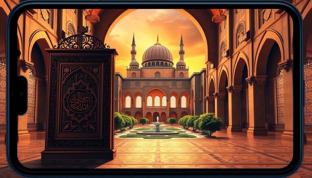 A comprehensive Islamic calendar app with a striking 3D interface, showcasing a serene mosque interior bathed in warm, directional lighting. In the foreground, a meticulously detailed mihrab stands prominently, its intricate carvings and calligraphic patterns reflecting the app's deep spiritual features. The middle ground reveals a lush courtyard, with a central fountain and verdant greenery, creating a tranquil ambiance. In the background, the majestic dome and minarets of the mosque loom, silhouetted against a vibrant, golden-hued sky, conveying a sense of timelessness and devotion. The overall scene evokes a calming, contemplative mood, perfectly suited to the app's comprehensive Islamic calendar functionality.