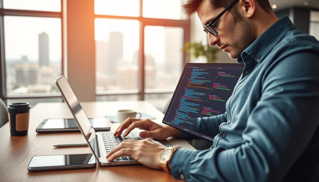 A focused image of an iOS API developer working on a sleek laptop in a modern office setting. In the foreground, depict a professional individual in smart casual attire, intently coding with an array of colorful code snippets and UI mockups on their screen. The middle ground features a stylish desk equipped with development tools like an iPhone, tablet, and coffee cup, emphasizing a tech-savvy environment. In the background, large windows let in natural light, with a subtle city skyline visible, creating a dynamic atmosphere of innovation. Use soft, natural lighting to enhance the workspace's contemporary feel, shot from a slightly elevated angle to capture both the developer and the digital content they are creating. The mood should be focused and inspiring, reflecting the cutting-edge nature of iOS development. A focused image of an iOS API developer working on a sleek laptop in a modern office setting. In the foreground, depict a professional individual in smart casual attire, intently coding with an array of colorful code snippets and UI mockups on their screen. The middle ground features a stylish desk equipped with development tools like an iPhone, tablet, and coffee cup, emphasizing a tech-savvy environment. In the background, large windows let in natural light, with a subtle city skyline visible, creating a dynamic atmosphere of innovation. Use soft, natural lighting to enhance the workspace's contemporary feel, shot from a slightly elevated angle to capture both the developer and the digital content they are creating. The mood should be focused and inspiring, reflecting the cutting-edge nature of iOS development.