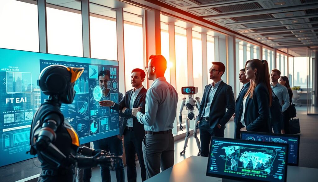 A futuristic office environment showcasing advanced computer vision technology in action. In the foreground, a diverse group of professionals in smart casual clothing, analyzing a large interactive screen displaying complex visual data and AI algorithms. The middle ground features robotic elements and AI interfaces that visually interpret data in real-time, their screens glowing with vibrant colors. In the background, the office is illuminated by soft, natural lighting filtering through large glass windows, highlighting a city skyline. The mood is innovative and collaborative, emphasizing the merger of human intellect and advanced technology, with a clear focus on how machines perceive and process visual information. A futuristic office environment showcasing advanced computer vision technology in action. In the foreground, a diverse group of professionals in smart casual clothing, analyzing a large interactive screen displaying complex visual data and AI algorithms. The middle ground features robotic elements and AI interfaces that visually interpret data in real-time, their screens glowing with vibrant colors. In the background, the office is illuminated by soft, natural lighting filtering through large glass windows, highlighting a city skyline. The mood is innovative and collaborative, emphasizing the merger of human intellect and advanced technology, with a clear focus on how machines perceive and process visual information.