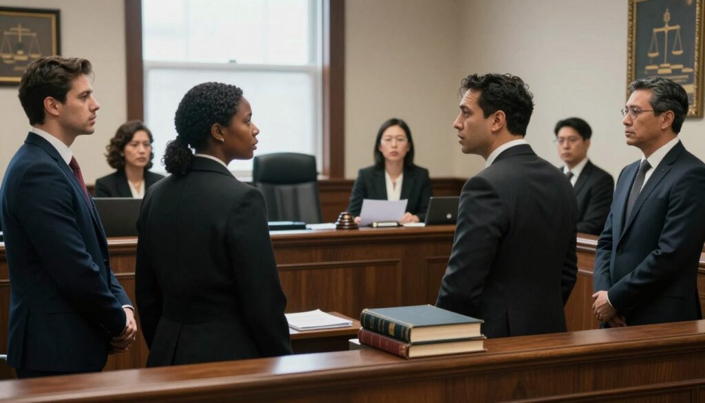 A dramatic courtroom scene illustrating the legal process following a corruption arrest. In the foreground, a diverse group of men and women in professional business attire discuss animatedly, some looking concerned and others strategizing. The middle ground features a judge’s bench with legal books and papers scattered, signifying ongoing legal proceedings. In the background, a large window allows soft, diffused natural light to illuminate the room, enhancing the serious atmosphere. The walls are adorned with law-related artwork, giving an official feel. The mood conveys tension and urgency, encapsulating the complexities of the legal process from arrest to custody. The image should capture the essence of judicial seriousness and accountability, with a focus on realism and detail.