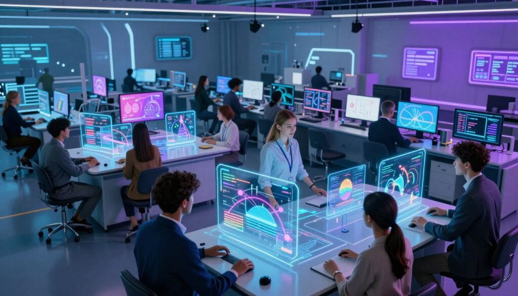 A dynamic scene showcasing a virtual simulation of physics challenges in a futuristic setting. In the foreground, a diverse group of professionals, dressed in smart casual attire, engage with interactive holographic displays that visualize complex physics concepts, such as gravity, motion, and thermodynamics. The middle ground features sleek, high-tech desks with numerous screens showing physics equations and simulations in vibrant colors. The background depicts a modern, open space laboratory filled with glowing panels and advanced projectors, casting soft blue and purple lighting that creates an innovative atmosphere. The overall mood conveys a sense of collaboration and excitement in exploring the boundaries of AI technology in physics education. The image is captured from a slightly elevated angle, highlighting both the human interaction and the advanced technology.