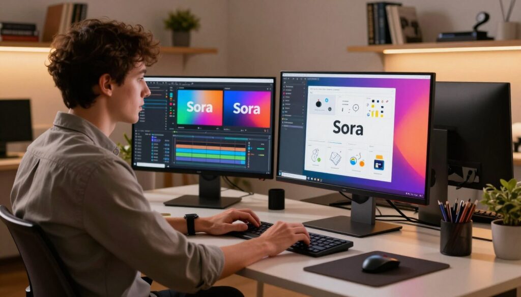 A dynamic workspace showcasing the video creation process using the AI video generator Sora. In the foreground, a professional-looking individual in smart casual attire is seated at a modern desk, intently working on a computer with a vibrant screen displaying the Sora interface. The middle layer features various video editing tools, colorful graphics, and a storyboard filled with creative ideas, hinting at the quality content being produced. In the background, shelves lined with books and tech gadgets create an inspiring atmosphere, with warm lighting casting a cozy glow over the scene. The overall mood should convey creativity and innovation, highlighting the advancements in AI technology for video production. The angle is slightly tilted to emphasize depth and action, capturing the essence of a cutting-edge digital workspace.