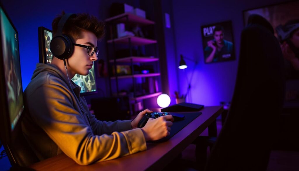 A focused gamer sits at a modern gaming setup, wearing casual yet neat clothing, with headphones on and an intense expression. The foreground features the gamer with hands on a controller, illuminated by the soft glow of the monitor displaying an immersive game scene. In the middle, the desk is cluttered with gaming accessories like a mechanical keyboard and a vibrant mouse pad showcasing game art. The background includes shelves filled with gaming collectibles and a framed poster of a popular game adding to the atmosphere. The room is dimly lit, with a blue-purple ambient light creating a calm yet focused vibe, symbolizing mental resilience. The scene captures a moment of concentration and determination, embodying the principle of building mental toughness through gaming.