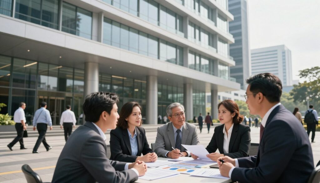 A modern government building for the Ministry of Public Works and Public Housing (PUPR) in the foreground, emphasizing sleek architecture with glass and steel elements. In the middle ground, a group of diverse, professional individuals in business attire engaged in a strategic discussion, with charts and documents spread out on a conference table nearby. The background features a busy urban setting, symbolizing activity and governance, with blurred figures of city officials walking purposefully. The lighting is bright and natural, suggesting clarity and transparency, with a slightly warm tone to evoke a serious yet hopeful atmosphere. The camera angle is slightly low, looking up at the building, to convey grandeur and importance, while focusing on the collective effort of the individuals involved.