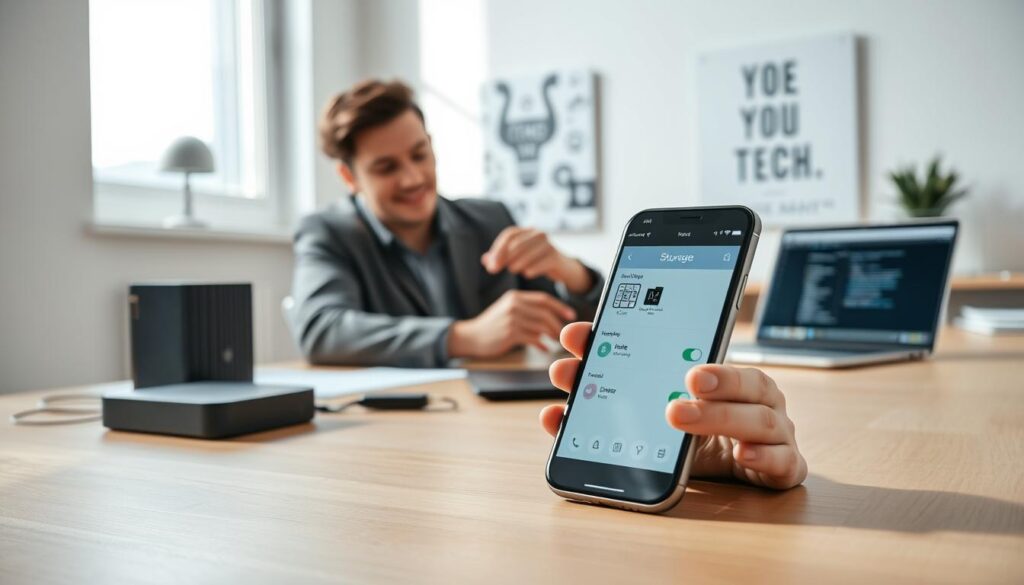 A modern smartphone being optimized for storage, positioned on a sleek wooden desk in a bright, airy office environment. In the foreground, a person in smart casual attire is using the phone, their face displaying focus and determination. The middle ground features an organized array of digital tools, such as an external hard drive and a laptop with visible coding windows open. The background showcases a minimalistic wall with motivational tech-related art. Soft natural light streams in from a large window, casting gentle shadows and enhancing the clean, efficient atmosphere. The overall mood is one of productivity and technological advancement, emphasizing ease and performance. A modern smartphone being optimized for storage, positioned on a sleek wooden desk in a bright, airy office environment. In the foreground, a person in smart casual attire is using the phone, their face displaying focus and determination. The middle ground features an organized array of digital tools, such as an external hard drive and a laptop with visible coding windows open. The background showcases a minimalistic wall with motivational tech-related art. Soft natural light streams in from a large window, casting gentle shadows and enhancing the clean, efficient atmosphere. The overall mood is one of productivity and technological advancement, emphasizing ease and performance.