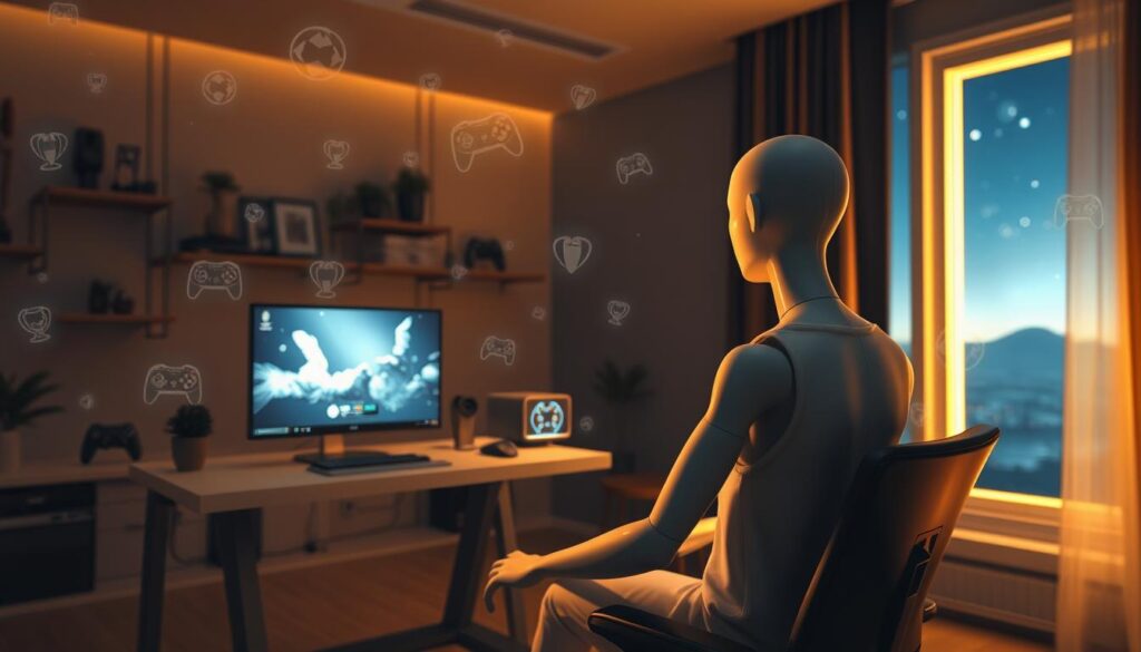 A serene and introspective scene depicting a gamer reflecting on their gaming journey. In the foreground, a mannequin-like figure dressed in simple, casual clothing sits at a modern gaming desk with a glowing monitor displaying a paused game. Surrounding the figure are ethereal memories of past gaming achievements, represented by translucent icons and trophies floating gently in the air. The middle ground features a dimly lit room adorned with shelves holding gaming memorabilia and plants, creating an inviting space. In the background, a softly glowing window reveals a tranquil night sky, symbolizing peace and contemplation. The lighting is soft and warm, creating a contemplative atmosphere, while the angle provides a slightly angled view that draws the viewer into this reflective moment.
