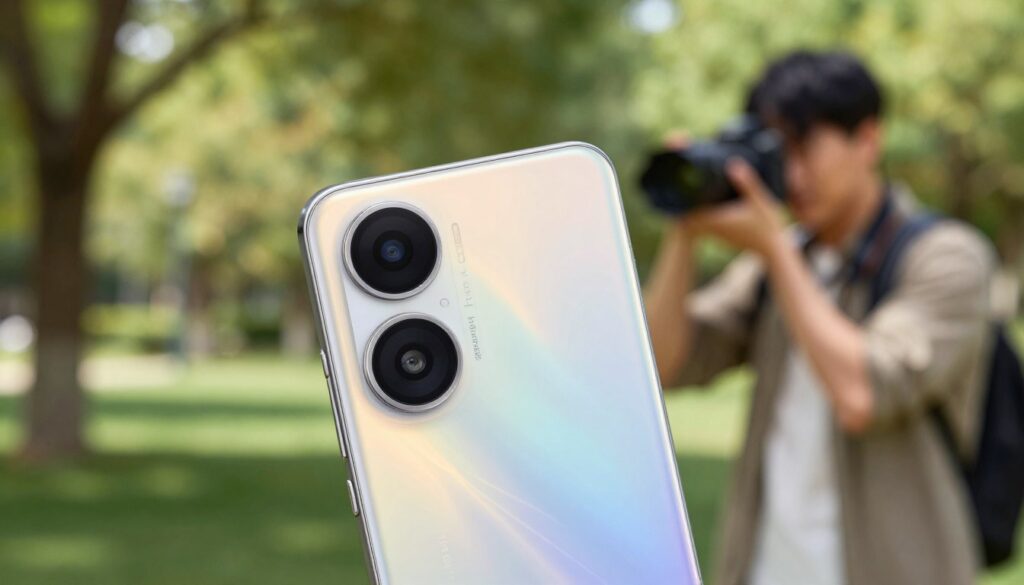 A close-up shot of the Infinix Note 40 Pro smartphone showcasing its impressive 108MP camera featuring Optical Image Stabilization (OIS). The device is positioned against a soft-focus background of a serene park setting, with natural sunlight filtering through trees, creating dappled light effects on the phone’s sleek surface. The camera lens is depicted with precision, highlighting the intricate details of the lens elements. A professional photographer is seen in the background, dressed in modest casual clothing, focusing intently on capturing the perfect shot. The overall mood is one of creativity and innovation, emphasizing the smartphone's advanced photographic capabilities. The image should be vibrant, with a clear and detailed portrayal of the camera and its features, without any text or distractions.
