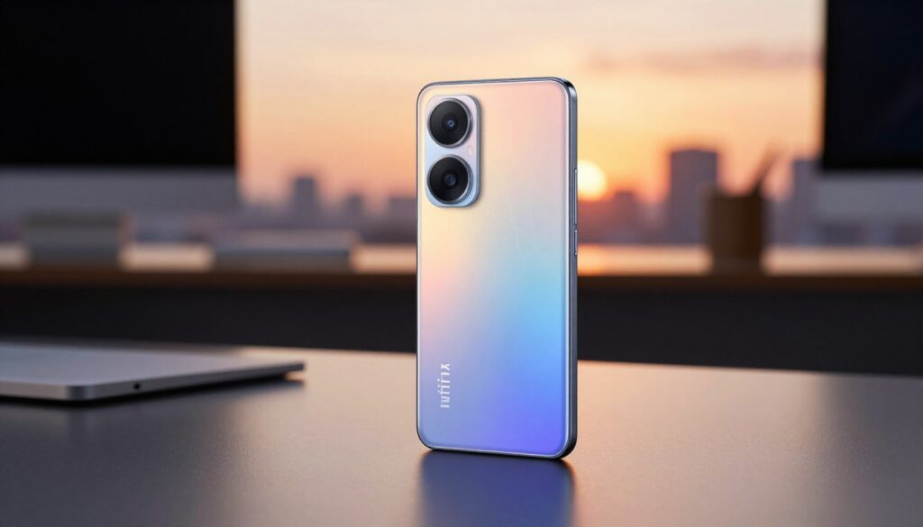 A sleek and modern Infinix Note 40 Pro smartphone showcased prominently in the foreground, displaying its innovative Active Halo design featuring a seamless blend of glass and metallic finishes. The device's bold colors and elegant curves reflect a premium aesthetic, with a focus on the distinctive camera module and button placements. In the middle ground, a softly blurred, stylish workspace with minimalist decor emphasizes professionalism and innovation. The background hints at a cityscape with warm, vibrant sunset lighting that casts a subtle glow on the device, creating a dynamic contrast. The scene conveys a sense of modernity and sophistication, perfect for showcasing the advanced features of the phone, with a focus on quality and innovation.